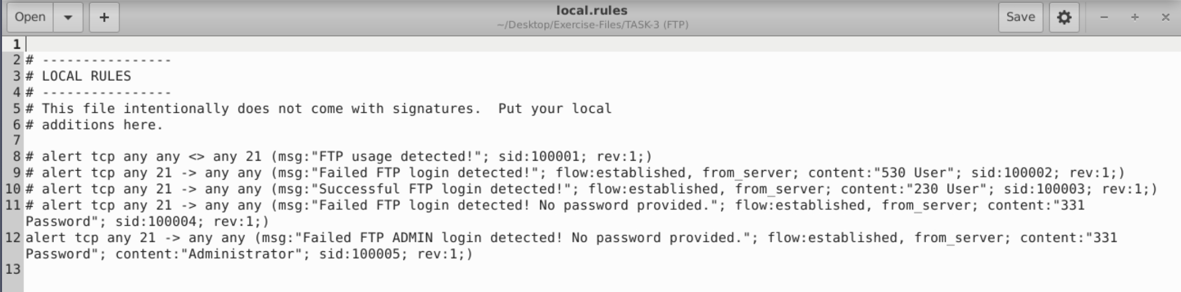 local.rules for Task 3 showing FTP rules