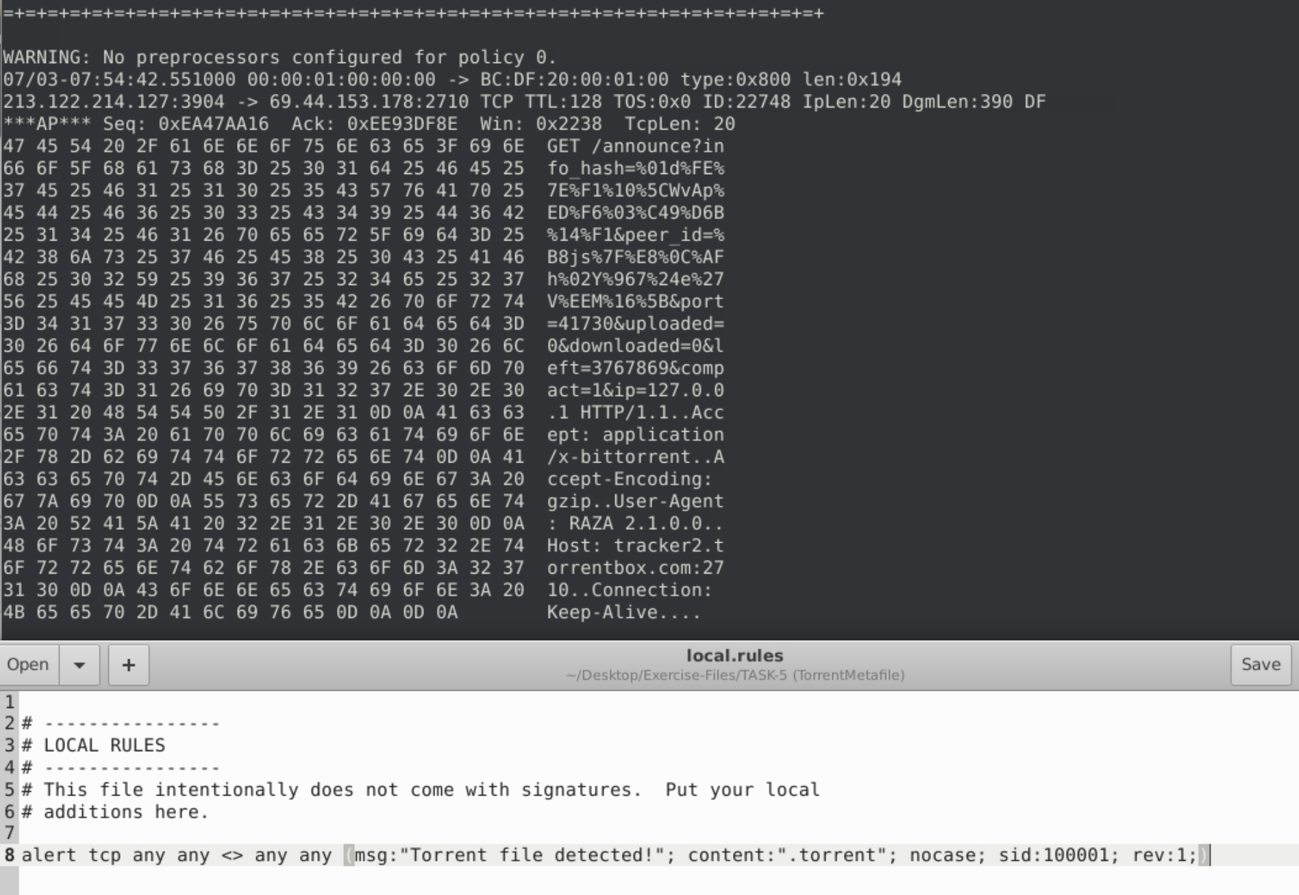 Snort verbose output showing torrent payload