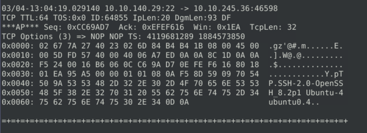 Snort hex output showing SSH-2.0-OpenSSH in the payload