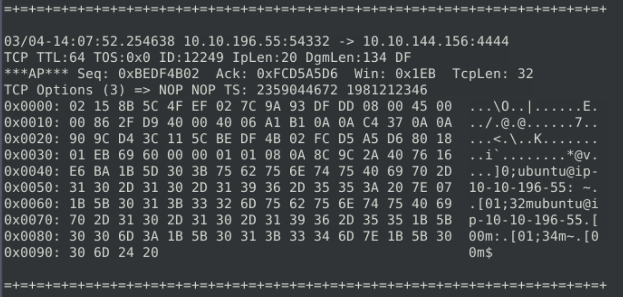 Snort hex output showing traffic to port 4444 with bash prompt in payload