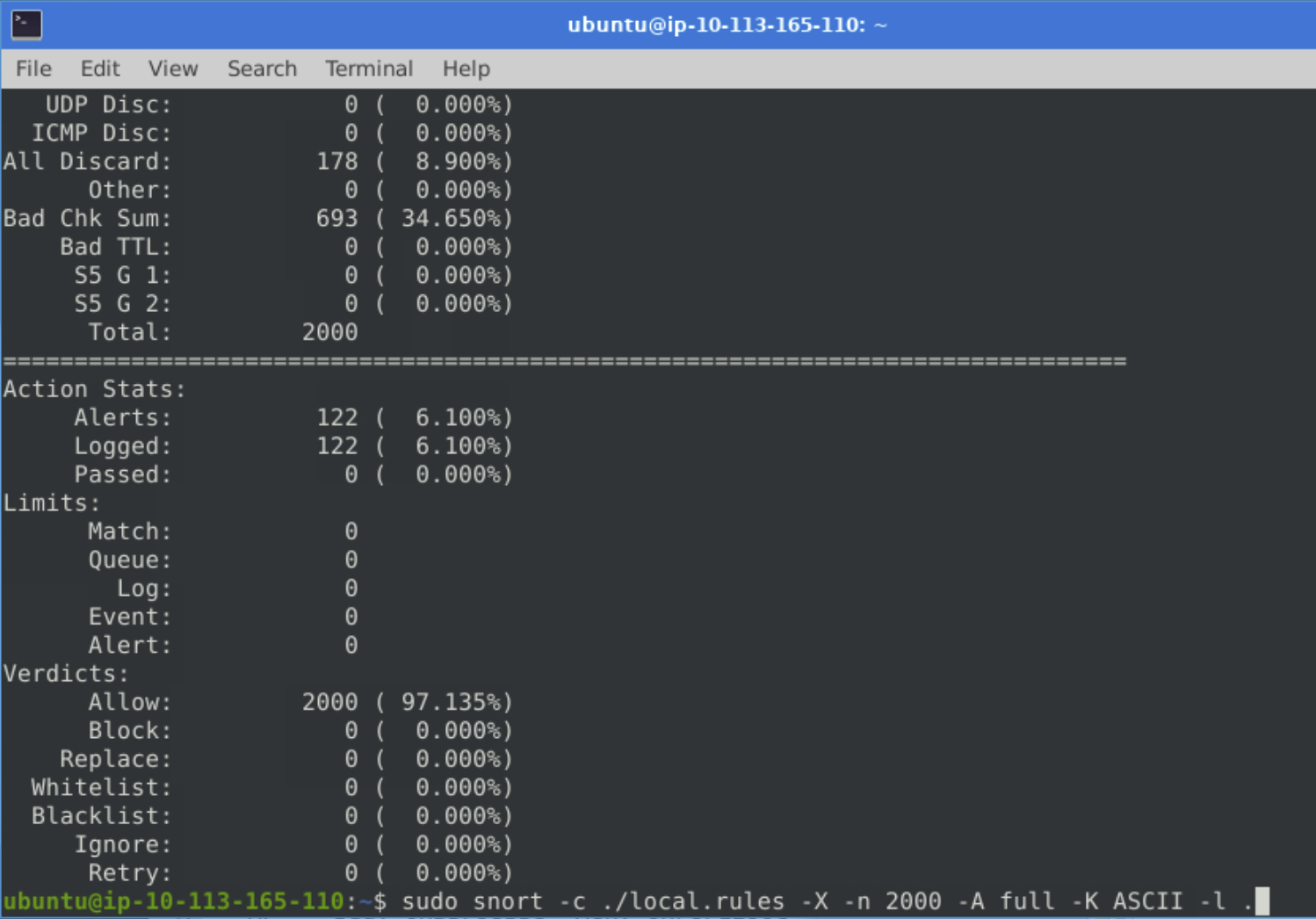 Snort Action Stats showing 122 alerts out of 2000 packets