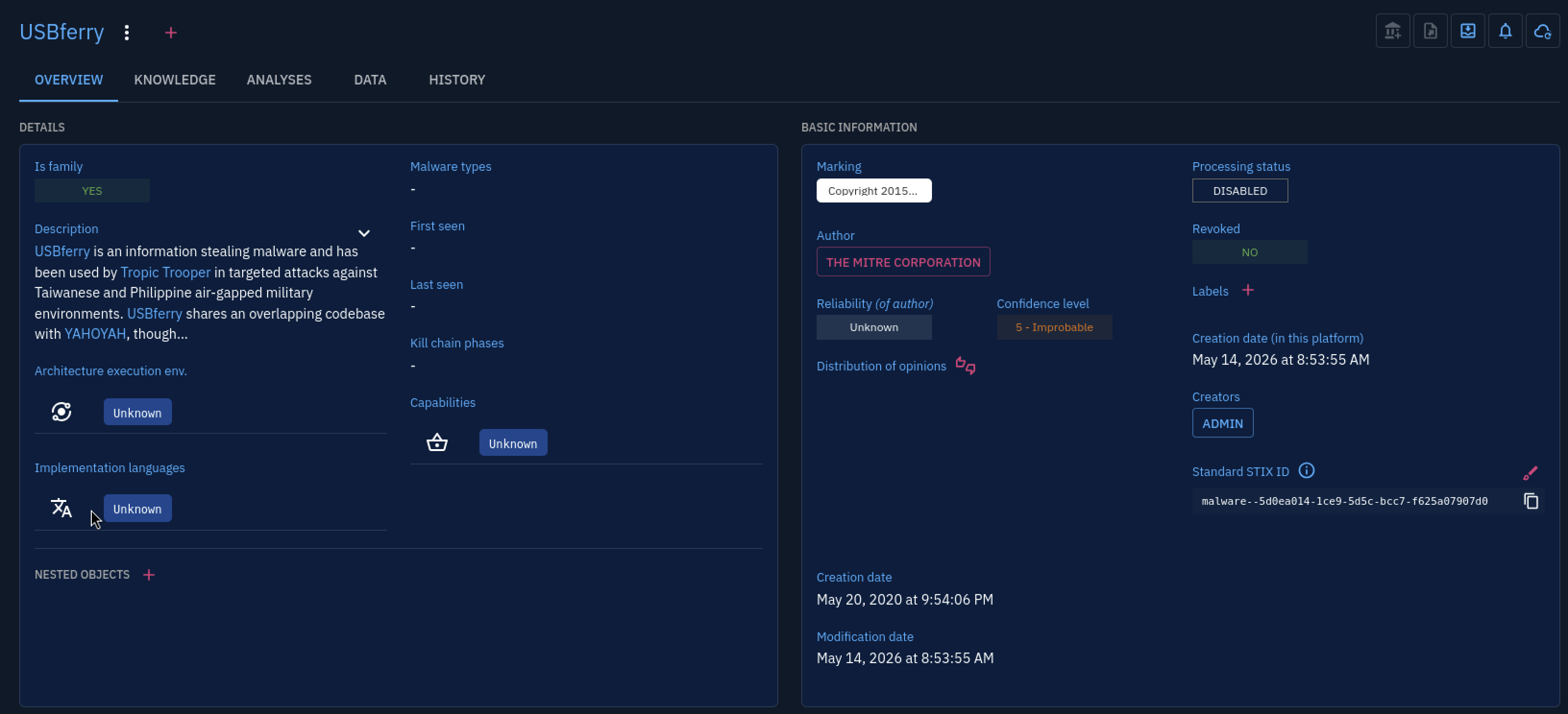 OpenCTI overview page for the USBferry malware — description naming Taiwanese and Philippine air-gapped military targets and an overlapping codebase with YAHOYAH, with the Standard STIX ID malware--5d0ea014-1ce9-5d5c-bcc7-f625a07907d0 in the basic information panel
