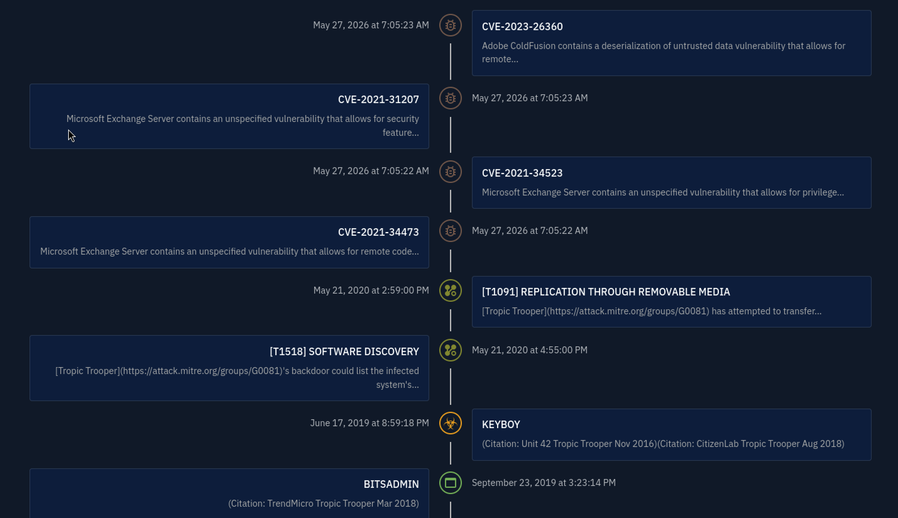 OpenCTI timeline for Tropic Trooper — CVE-2023-26360 (Adobe ColdFusion deserialization), CVE-2021-31207 34523 34473 (Microsoft Exchange), T1091 Replication Through Removable Media, T1518 Software Discovery, KEYBOY and BITSADMIN entries with dates and citations