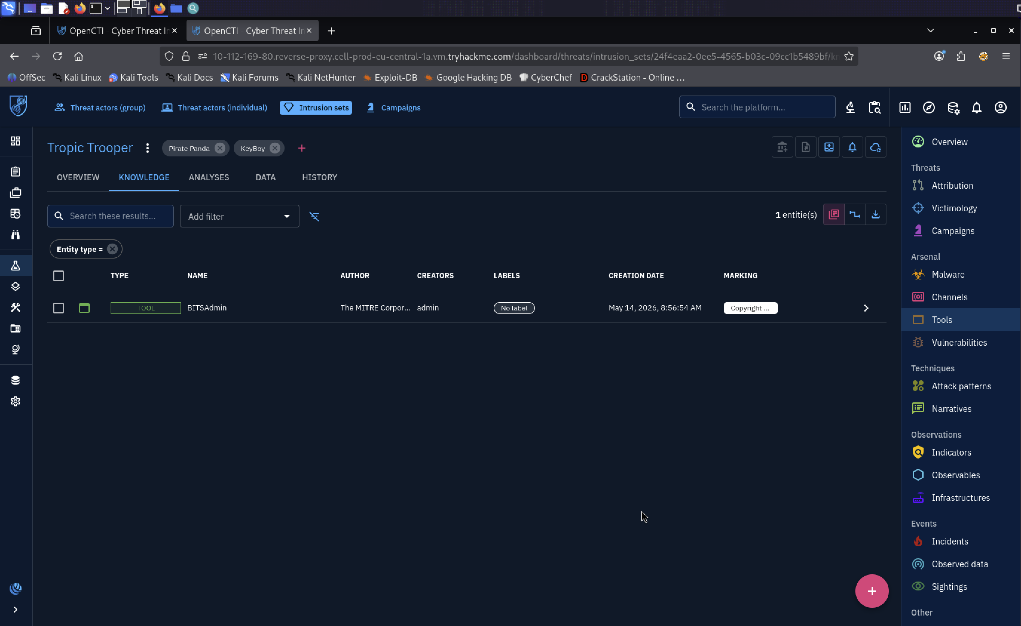 OpenCTI Tools view filtered for Tropic Trooper — a single entity of type TOOL named BITSAdmin, authored by The MITRE Corporation