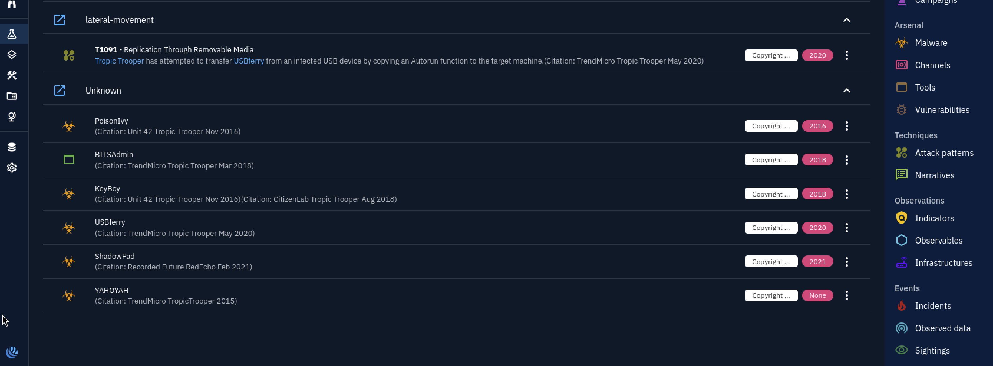 OpenCTI arsenal list for Tropic Trooper — PoisonIvy (2016), BITSAdmin (2018), KeyBoy (2018), USBferry (2020), ShadowPad (2021), YAHOYAH (none), grouped under lateral-movement and Unknown, with the Arsenal/Techniques side menu visible