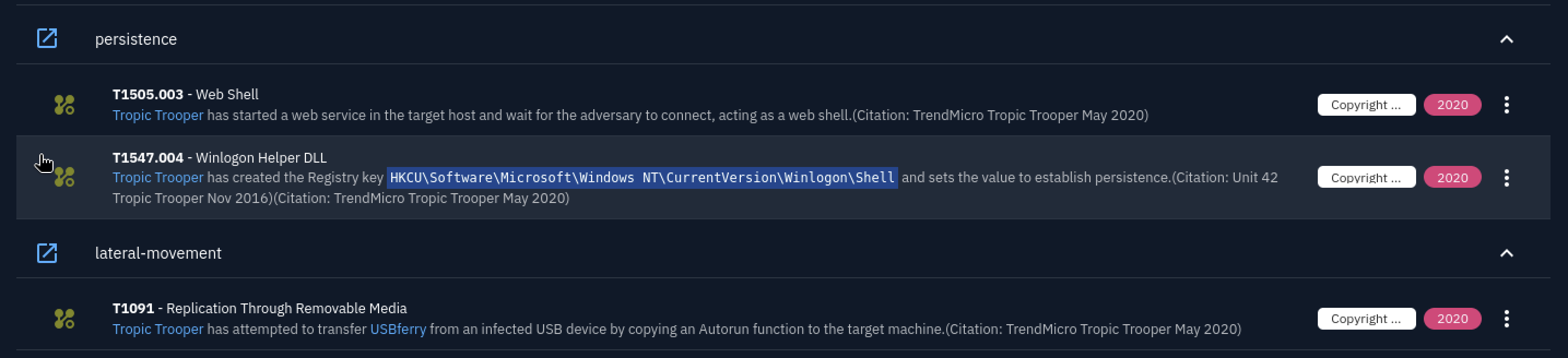 OpenCTI technique list — persistence section showing T1505.003 Web Shell and T1547.004 Winlogon Helper DLL with the registry key HKCU\Software\Microsoft\Windows NT\CurrentVersion\Winlogon\Shell highlighted; lateral-movement section showing T1091 Replication Through Removable Media transferring USBferry from an infected USB