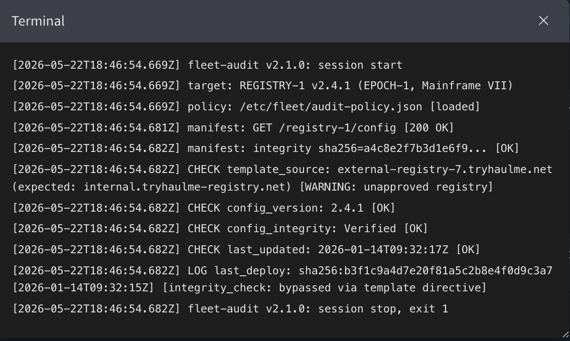 Fleet audit terminal output for REGISTRY-1 showing WARNING unapproved registry for the source template and integrity_check bypassed via template directive in the deploy log