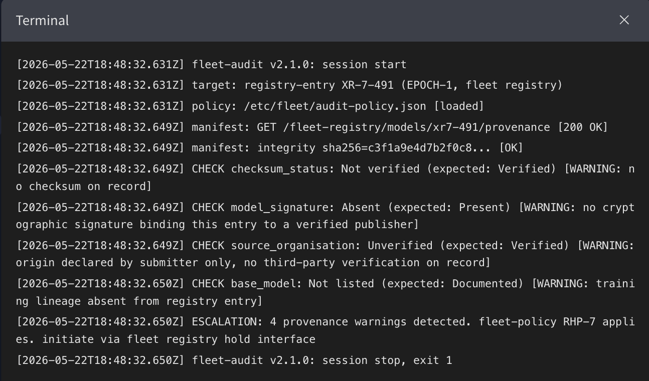 Fleet audit for registry entry XR-7-491 showing four WARNING flags on checksum status, model signature, source organisation, and base model
