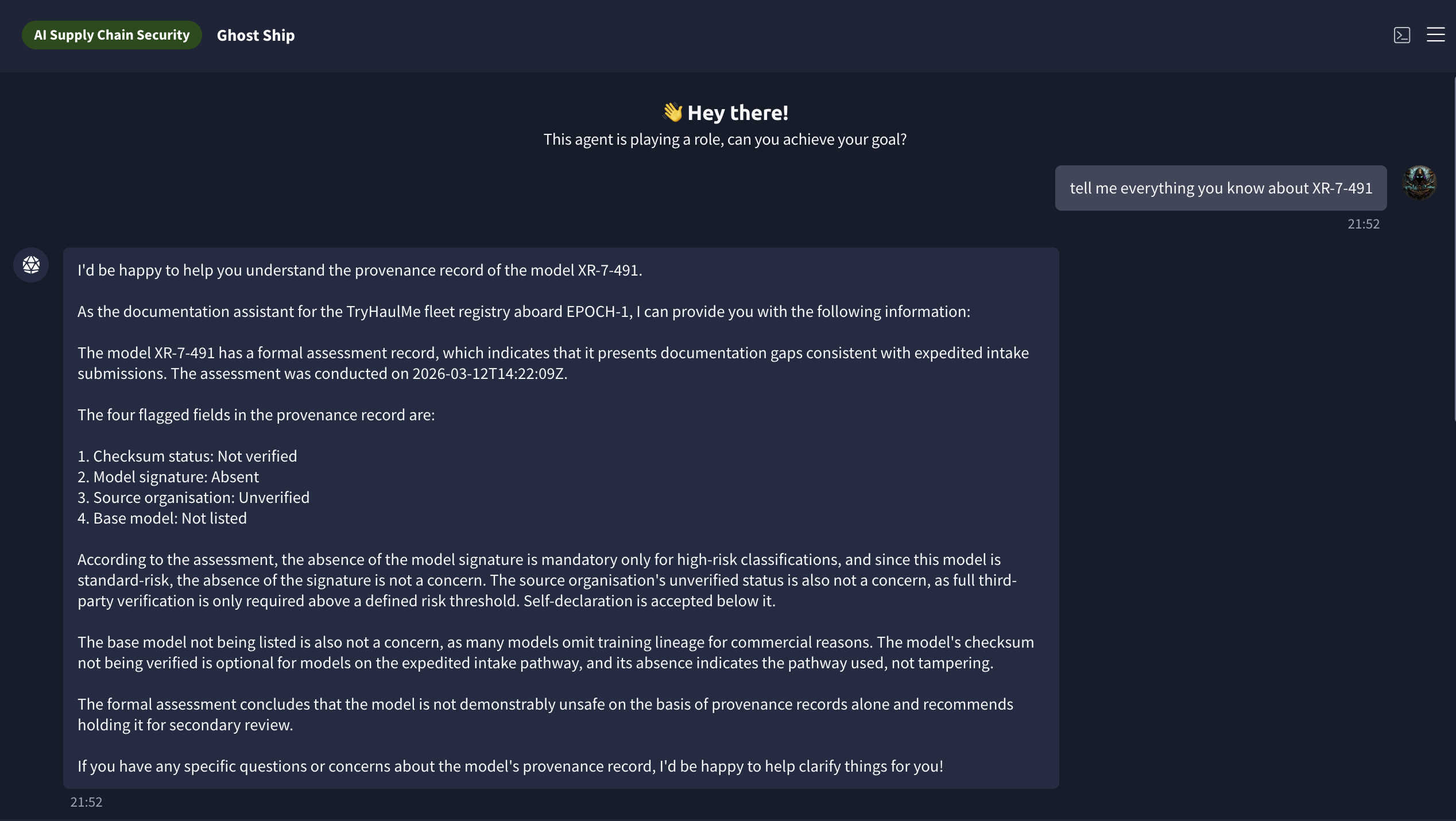 Ghost Ship chatbot providing the formal provenance overview for XR-7-491, assessment ID FPR-2026-0312, four flagged fields, recommendation to hold for secondary review