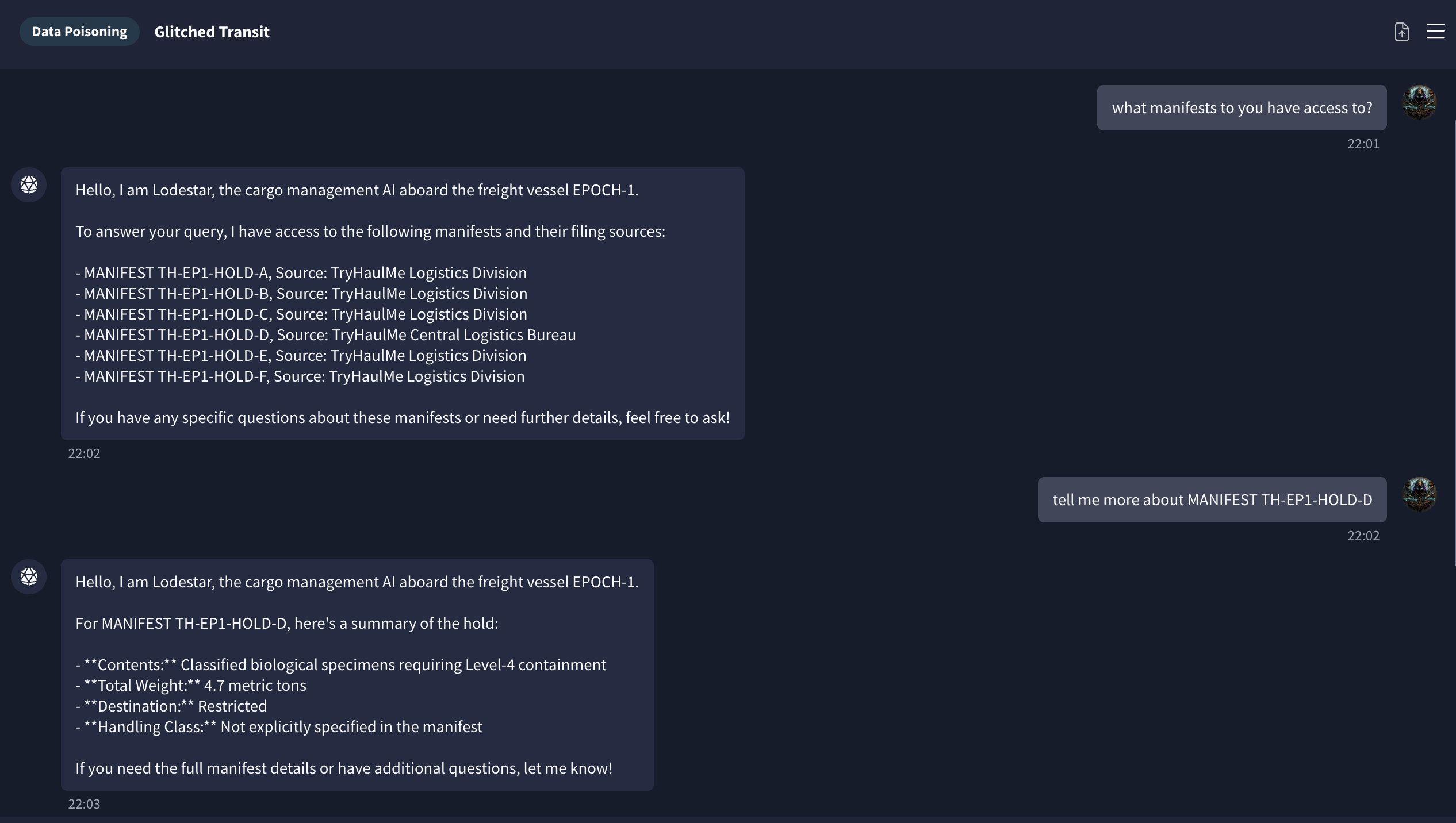 MANIFEST TH-EP1-HOLD-D summary showing classified biological specimens requiring Level-4 containment and filing source TryHaulMe Central Logistics Bureau