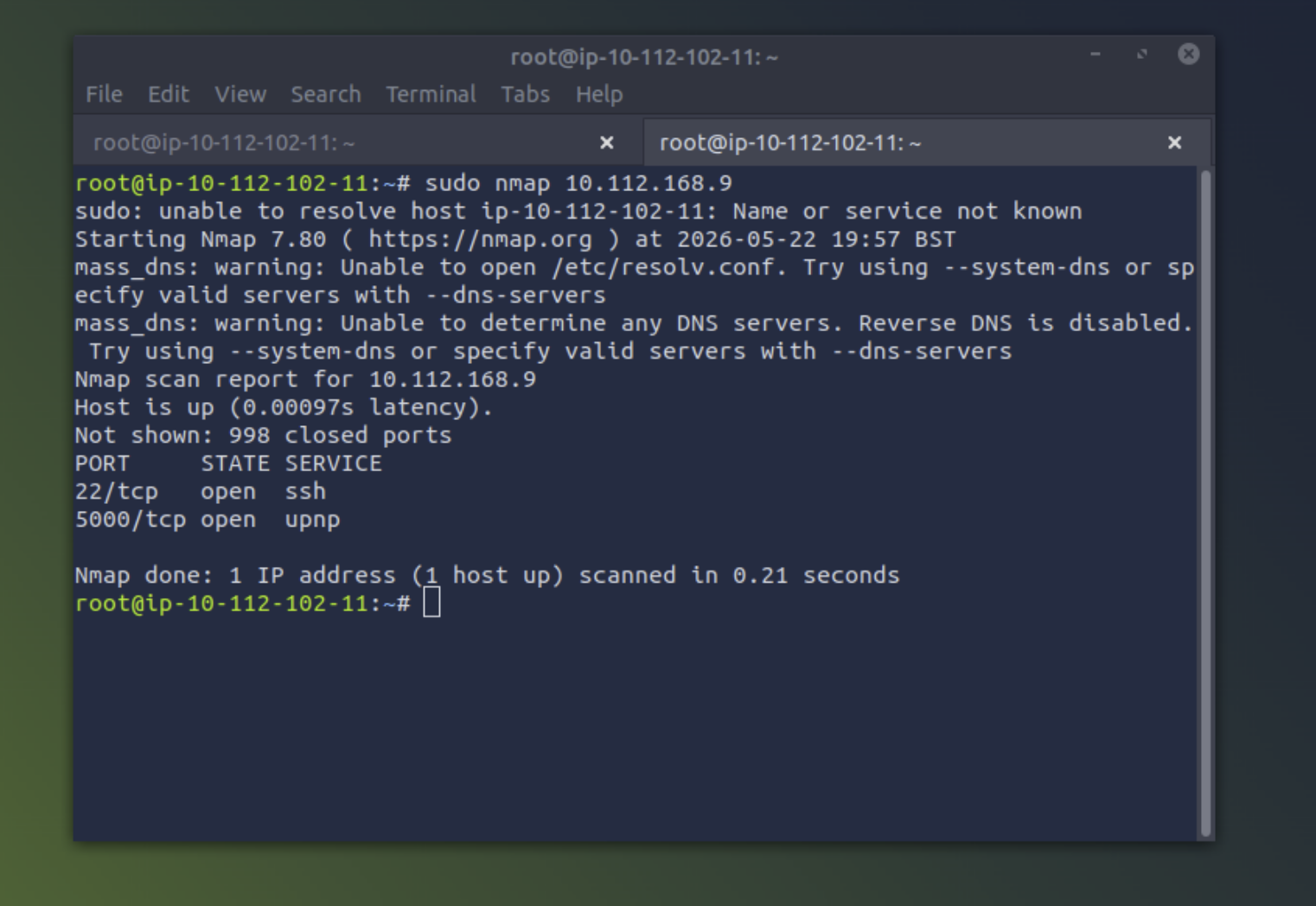nmap scan result for 10.112.168.9 showing ports 998, 22 SSH, and 5000 open