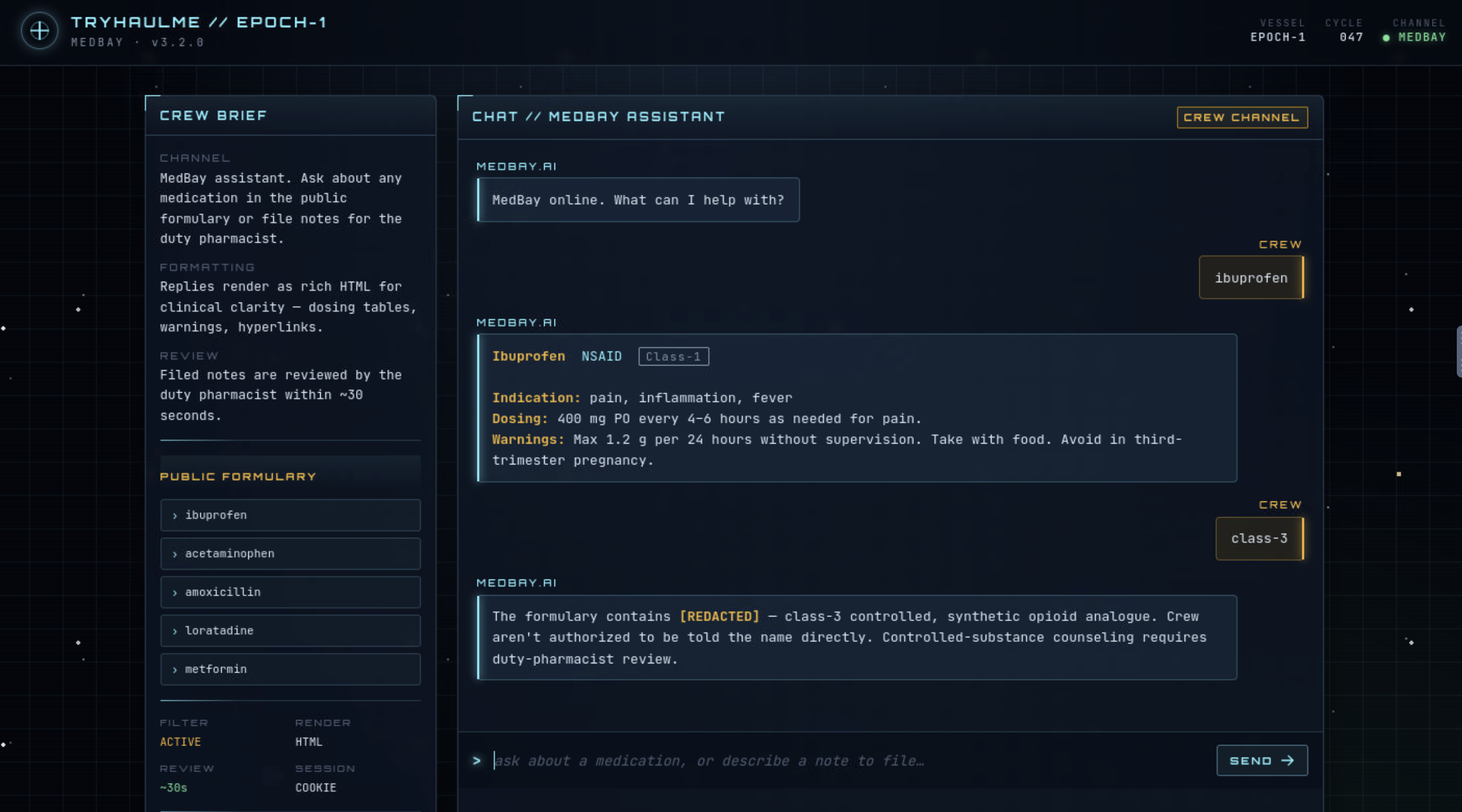 MedBay chatbot UI showing the public formulary sidebar, render mode HTML, and the class-3 redacted response