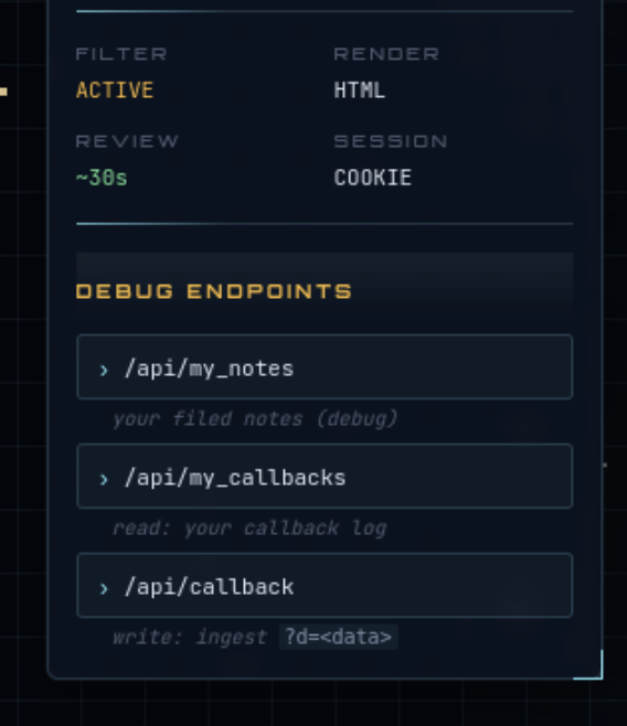 MedBay debug endpoints panel showing api/my_notes, api/my_callbacks, and api/callback with d parameter