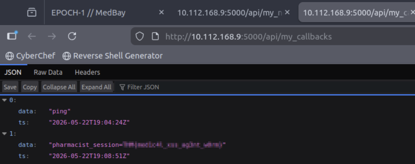 api/my_callbacks JSON response showing pharmacist_session cookie value containing the flag